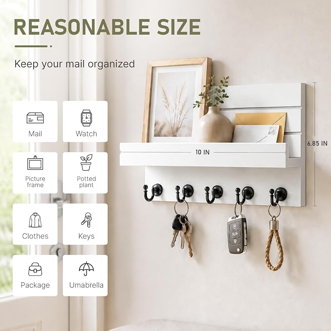 HONJIN Key Holder Wall Mount with Shelf and 5 Sturdy Key Hooks (White) | Key and Mail Holder Wall Mount, Wooden Entryway Organizer and Decorative, Easy Installation, 10*3.8*6.85 Inch