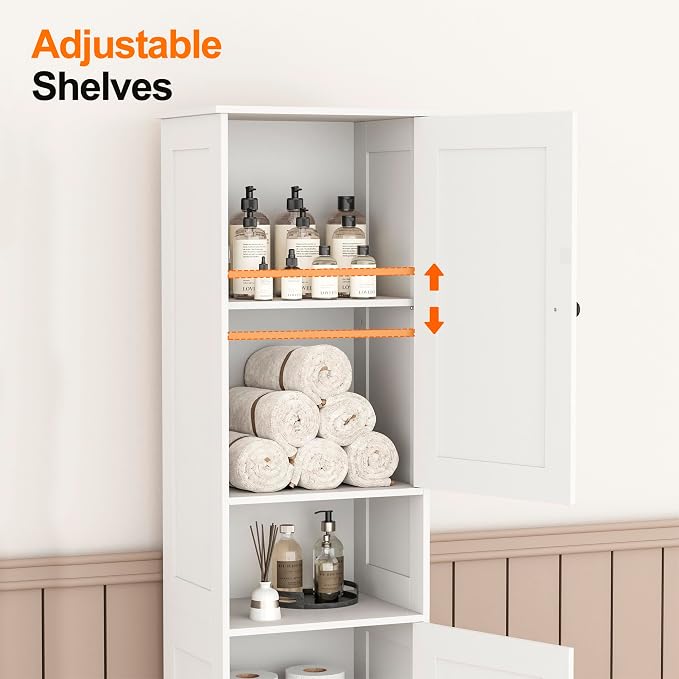 Homleke Tall Bathroom Storage Cabinet with 2 Doors, Slim Bathroom Cabinet | Narrow Storage Cabinet with Adjustable Shelves, Anti-Tip Design, Reversible Door, Easy Assembly, White, 15.7''W