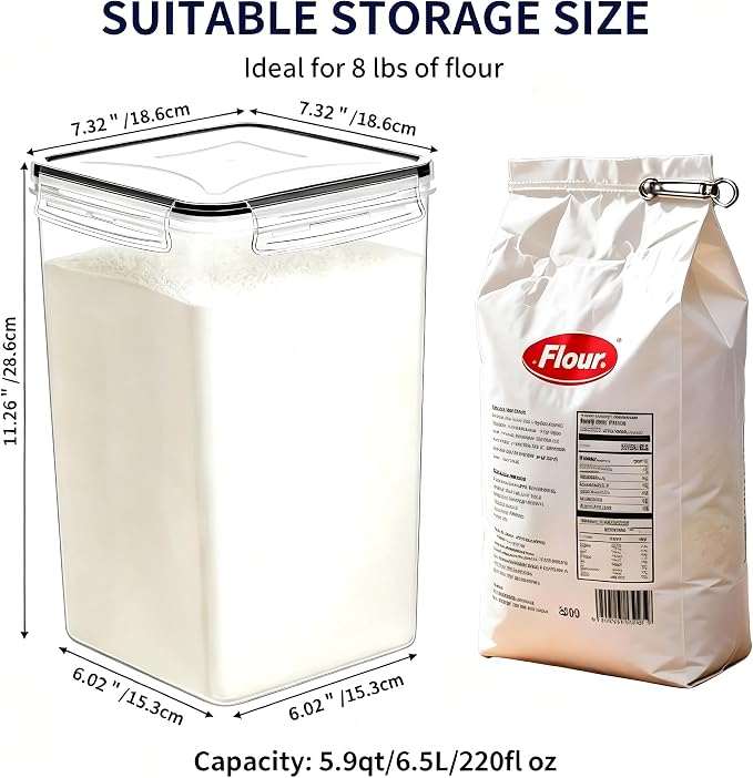 4pc 6.5L Large Airtight Plastic Canisters with Lids, Cups & Labels | Large BPA-Free Plastic Food Storage with Labels for Spaghetti, Cereal, Oats & Kitchen Pantry Organization, 4 Pack