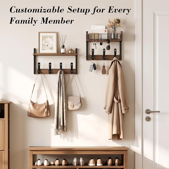 Delamu 29" Large Coat Rack Wall Mount with Shelf, 4 in 1 Shelf with 11 Hooks, Wooden Key and Mail Holder for Wall for Entryway, Living Room and Bedroom, Brown