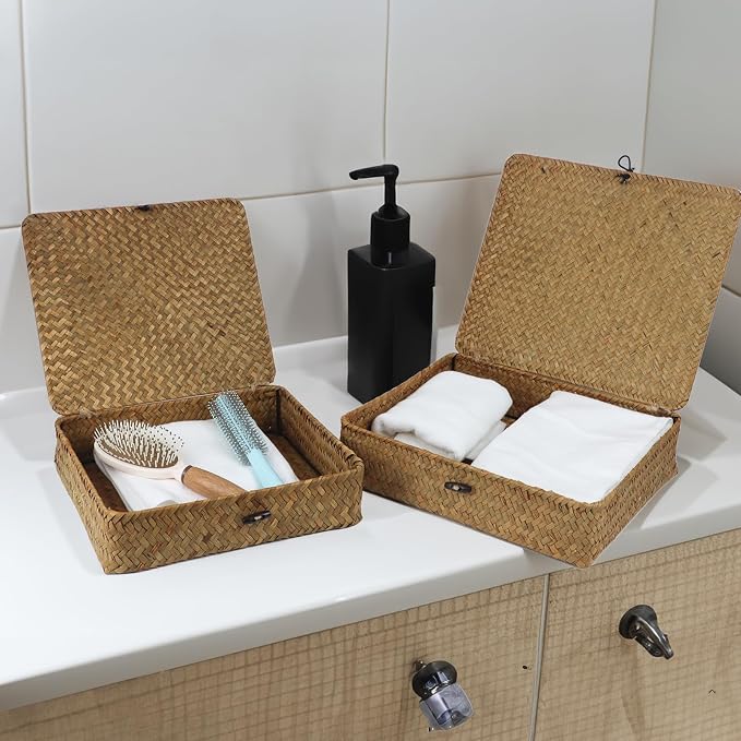 Flat Seagrass Wicker Baskets with Lids, Set of 2 | Small and Large Storage Boxes, Shelf Organizer Bins, Woven Home Storage, Stackable Flat Design, Natural Decor