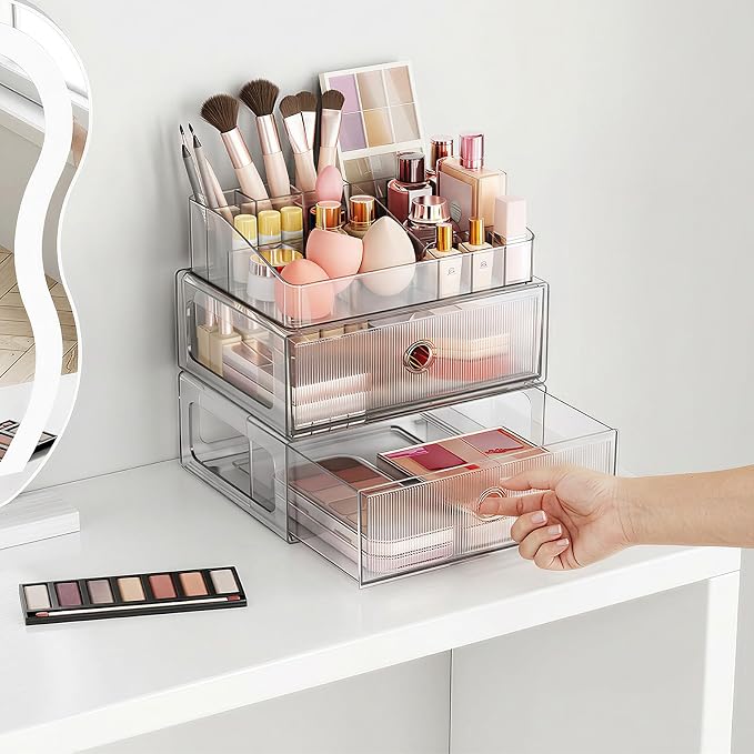 3 Tier Clear Makeup Organizer with Drawer, PET Cosmetic Storage for Dresser, Countertop & Bathroom Vanity, Holders for Lipstick, Brushes, Skincare & Beauty Supplies