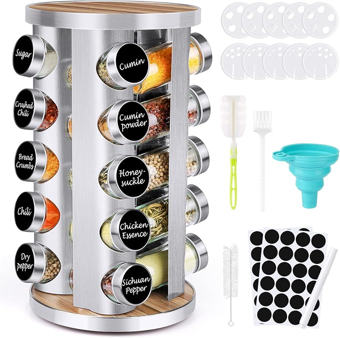 CANTAMI Spice Rack Organizer with Jars for Cabinet(20Pcs), Revolving | Stainless Steel/Wooden Countertop Rack Tower Organizer for Kitchen Pantry with Reusable Labels/Funnel/Brushes