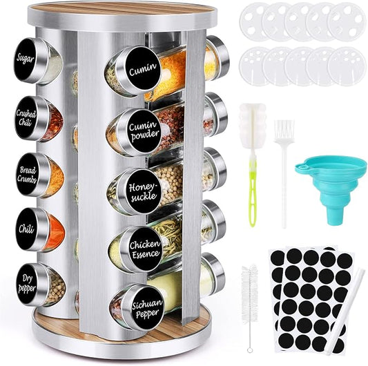 CANTAMI Spice Rack Organizer with Jars for Cabinet(20Pcs), Revolving | Stainless Steel/Wooden Countertop Rack Tower Organizer for Kitchen Pantry with Reusable Labels/Funnel/Brushes