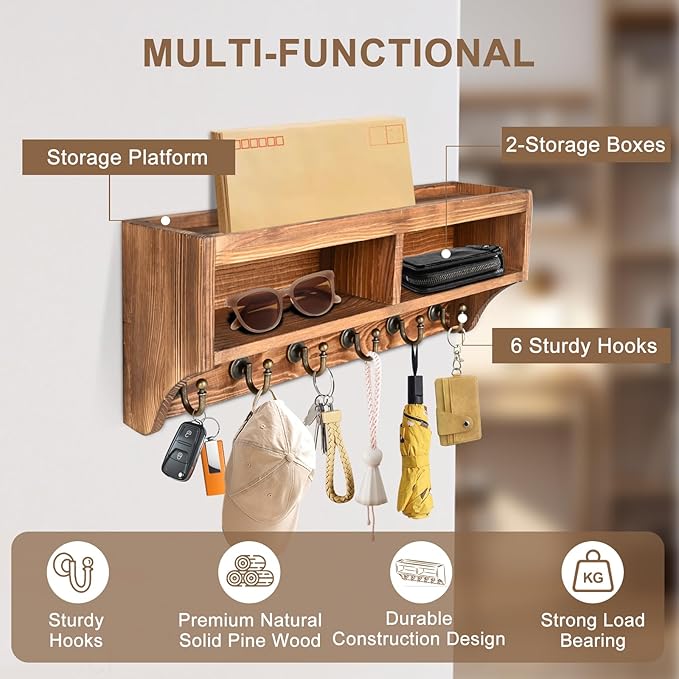 Key Holder Wall Mount with Mail Organizer, 6 Hooks & Shelf, Brown | Wood Key Holder Wall Mount with 6 Key Hooks, Shelf & Storage Box and Mail Organizer for Entryway, Apartment, Home and Office