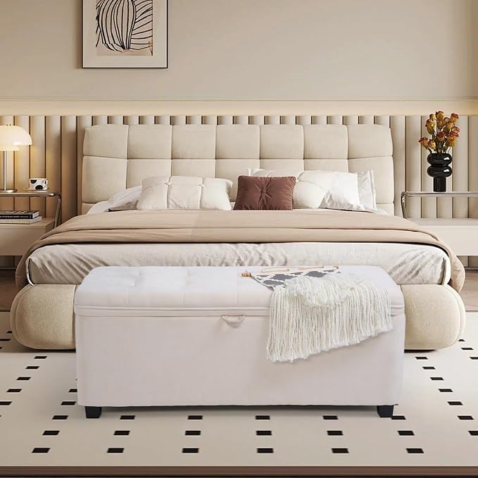 45" Storage Ottoman Bench, Tufted Ottoman with Storage for Living Room, Large End of Bed Ottomans, Modern Entryway Benchs, Window & Bedroom Benches for Foot of Bed (Ivory)