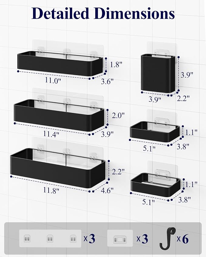 Kitsure Large Shower Caddy - Adhesive 6-Pack Bathroom Shelves, Black | No-Drilling Rustproof Shelves with Soap Holder, Toothbrush Holder, 6 Hooks, Stylish Bathroom Organizers and Storage Solution