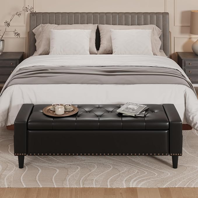 60" Storage Ottoman Bench, Faux Leather Upholstered Bed Bench with Tufted Buttons and Nailhead Trim, Large Ottoman with Storage for King Size End of Bed, Bedroom, Entryway, Hallway (black)
