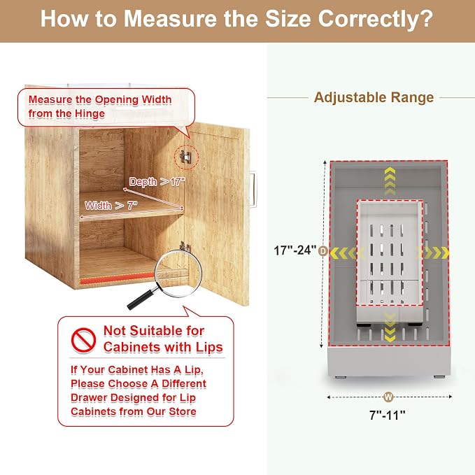 Pull out Cabinet Organizer,Width (7"-11") and Depth (17"-24") Expandable,No Drill Adjustable Slide out Drawers for Kitchen,Pantry,Adhesive Roll out Shelves,for Cabinets Without Lip,White