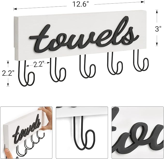 Mkono Wall Mounted Towel Rack, 5 Hooks Rustic Wood Bathroom Towel Hanger | Farmhouse Decor, Space Saving, Decorative Letter Design, Easy Install, Sturdy, Hang Bathrobe clothes, Shower Accessories