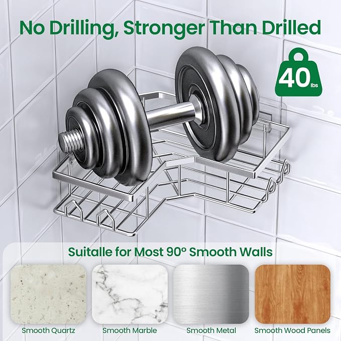Adhesive Shower Caddy, 6 Pack Corner Bath Organizer, Rustproof Stainless Steel Shower Shelves with Large Capacity, No Drilling Shelves for Bathroom Storage, Home, Kitchen Decor (Silver).