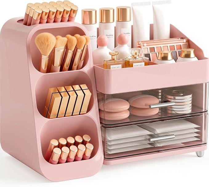 Booklov Large Makeup Organizer for Vanity Countertop, Pink | Clear Acrylic Cosmetic Display Case, Beauty Brush Holder for Bathroom Counter, Make Up Skincare Lipsticks Storage