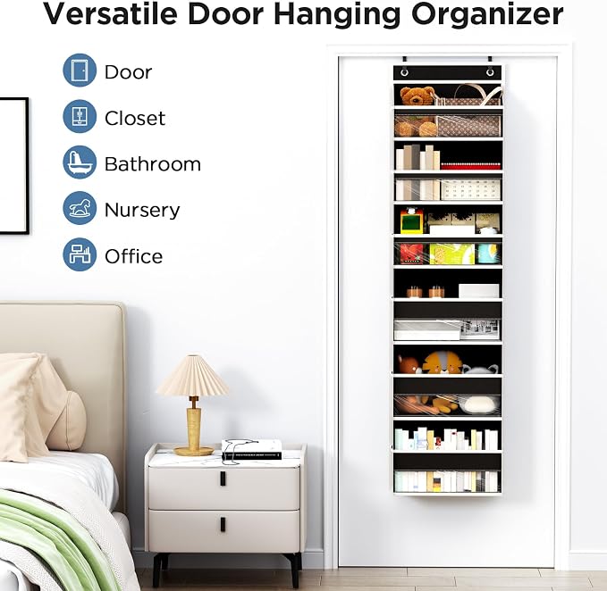 Over The Door Organizer 6 Tiers, Behind The Door Storage Hanging Shelves | Heavy Duty Hanging Organizer Storage with Large Capacity Pockets for Closet Wall Bathroom Bedroom Nursery Pantry, 1 Black