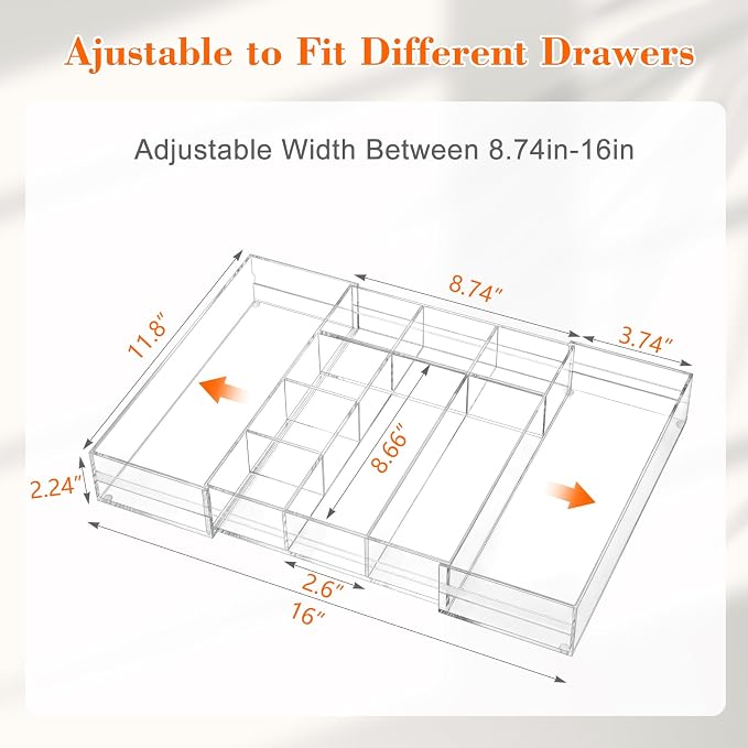 Briwooody Clear Acrylic Drawer Organizer Expandable,10 Compartments,Medium | 9'' up to 18'' x 12'' x 2.1'' Desk Drawer Organizer Trays Adjustable with Desk Accessories for Makeup Office Bathroom