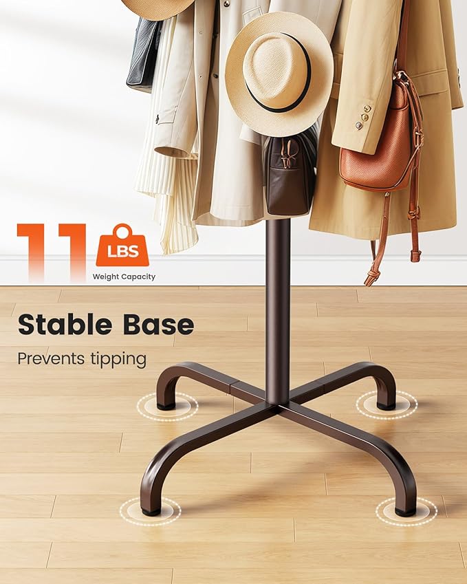Pipishell Coat Rack with 14 Hooks, Freestanding Coat Rack Stand for Entryway, Hallway, Bedroom, and Office, Metal Coat Tree & Hat Rack for Coats, Hats, and Bags, Brown | Durable metal frame, stable four-point base, 2 hook heights for adults and kids, s...