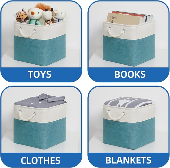 Temary Cubes Storage Baskets 11 Inch Cube Storage Bins 4 Pack Fabric Baskets for Gift Empty Teal Storage Bins for Shelves, Collapsible Fabric Storage Cubes Basket for Storage (White&Teal)