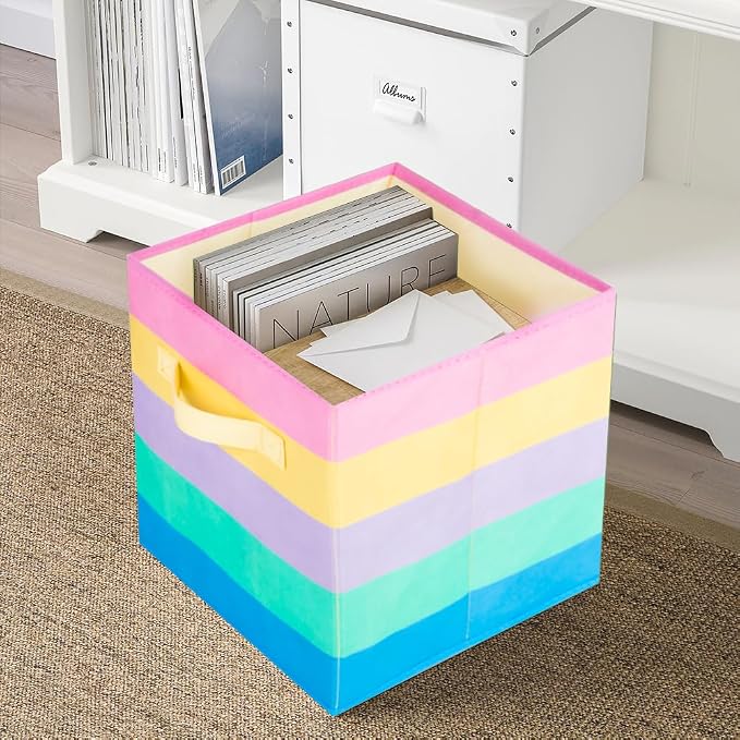 PowerKing Collapsible Storage Cubes, Farbic Storage Bins, Rainbow, 2 Pack | Sturdy, Lightweight, Easy Pull Handle, Closet & Shelf Organizer, Clothes and Toys Storage, 10.5'' x 11'' x 10.5''