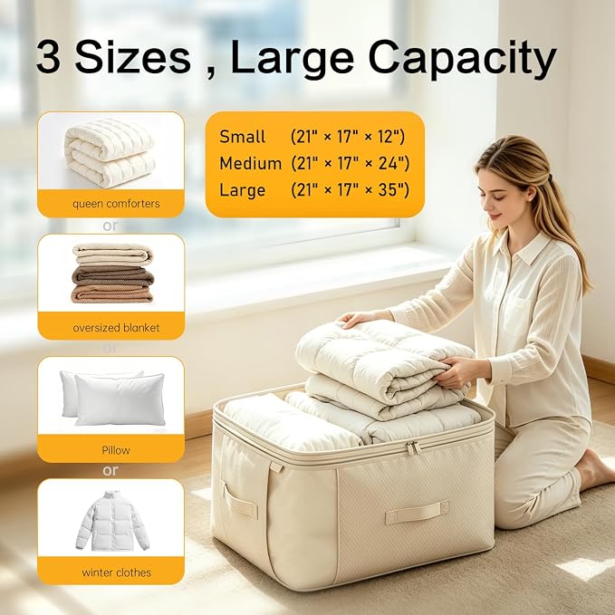 Comforter Storage Bag, Large Capacity Blanket Storage Bags 2-Layer Ultra Space Saving Self Compression Organizer, Heavy Duty Space Saver Organizer for Bedding, Clothes, Blanket, 6-Pack, Beige