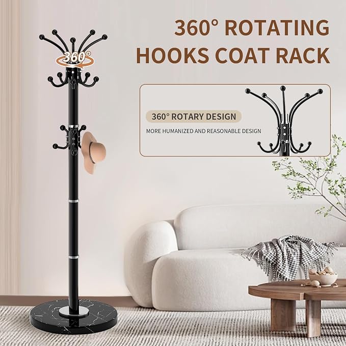 Coat Rack Stand 360°Rotary Coat Rack Freestanding with 16 Hooks | Modern Metal Coat Rack with Natural Marble Base,Coat Hanger Stand, Black Coat Hall Clothes Tree for Hallway,Entryway,Office