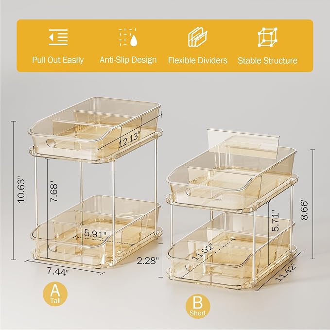 Delamu 2-Tier Under Sink Organizers and Storage, Multi-Purpose Stackable Bathroom Cabinet organizers, Pull Out Kitchen Pantry Organization and Storage with Dividers(2 Pack, Amber)