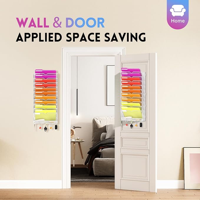 11-Tier Wall File Organizer with Base and Hooks, Hanging Organizer, White | Wall Organizer and Wall File Holder with 11 Vertical Pockets and Bottom Tray for Files, Mail, Folders, Magazines and Paper