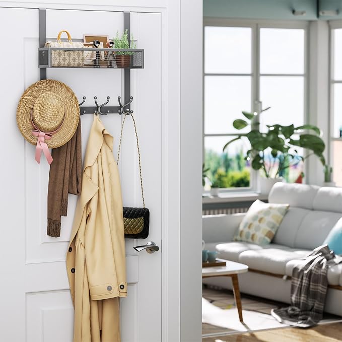 Consumest Over The Door Hooks Organizer - 2 Tier Over Door Hanger with 16 Hooks & 2 Baskets for Hanging Coat, Clothing, Towel, Back Storage for Bathroom, Closet, College Dorm, Grey