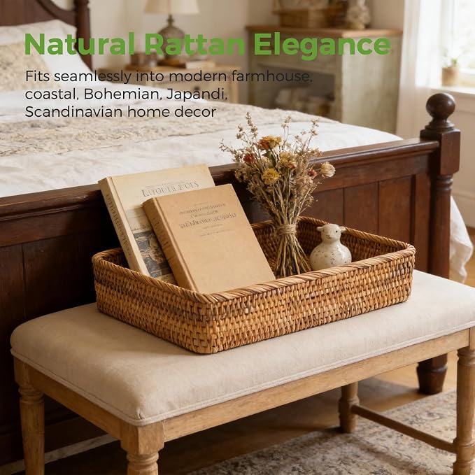 Large Rattan Serving Tray, Rectangle Wicker Storage Basket for Organizing | L(15.7" × 11"), Natural Rattan, Decorative Woven Tray Wicker Basket for Storage, Home Decor, Bathroom