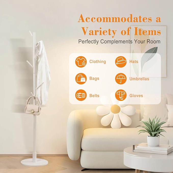 VECELO Coat Rack Freestanding, Entryway Hanger Stand, Umbrella Holder, Hall Tree With Hooks, Floor Standing Tree Stand,White