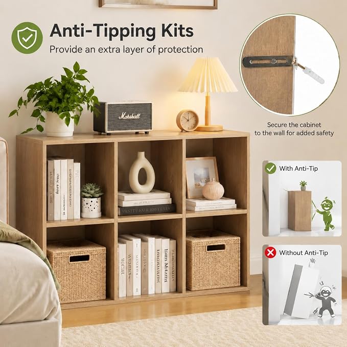 POWERSTONE 6 Cube Storage Organizer, Open Cube Bookshelf with Back Panels, Modern Display Cubby Bookcase for Bedroom Living Room Home Office, Natural