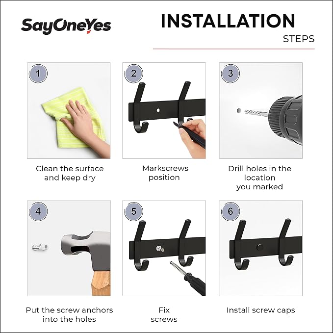 Coat Rack Wall Mount – 24 Inch Stainless Steel Hook Rail with 8 Double Coat Hooks for Hanging – Wall Mounted Entryway Organizer for Coats, Hats, Bags, Towels, Robes, Bedroom or Bathroom - Black