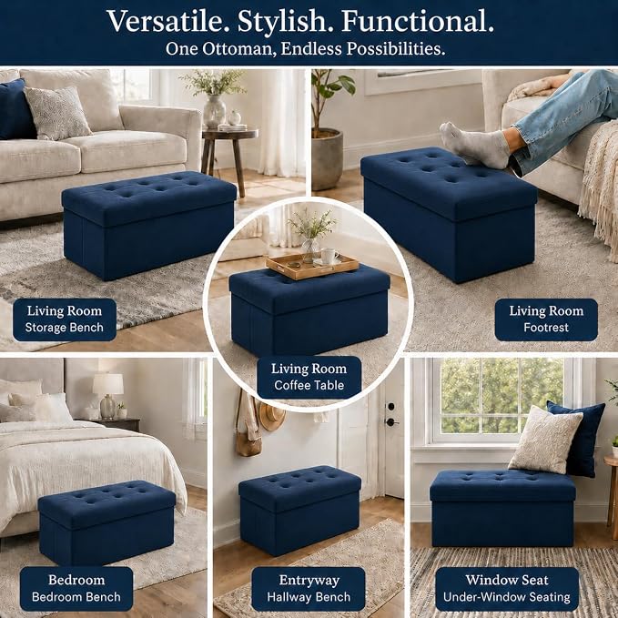 ALASDO 30 Inch Folding Storage Ottoman Bench with Hidden Storage, Velvet Storage Ottoman Foot Rest Stool, End of Bed Bench for Bedroom, Living Room, Entryway and Closet, Navy Blue