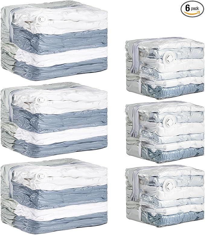 TAILI 6 Pack Cube Vacuum Storage Bags, Combo(3 Jumbo+3 Medium), Cream | Vacuum Seal Bags for Clothing, Blankets, Bedding, Comforters, No Pump Compression Cube, 2 Size Space Saving