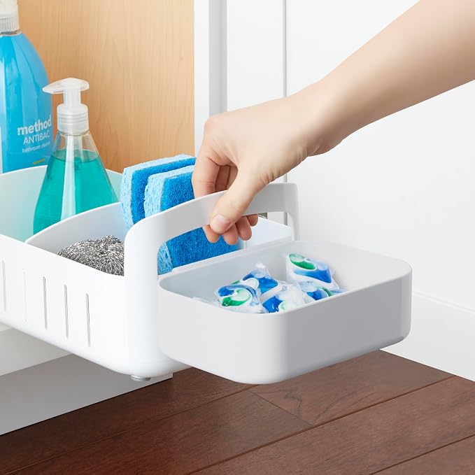 YouCopia RollOut Caddy Rolling Storage Bin with 2 Adjustable Dividers and Removable Basket for Kitchen and Bathroom Under Sink Organization, 8" Wide