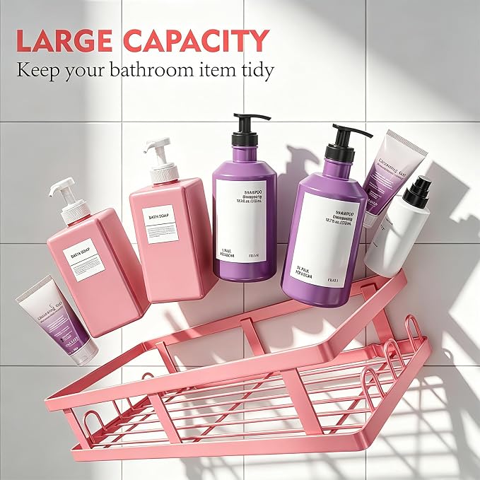 Youvip Pink Shower Caddy 6 Pack, Adhesive Shower Shelves | Pink Bathroom Decor, No Drilling, Rustproof, Large Capacity, 6 Adhesives, 24 Built-in Hooks, Dorm Apartment