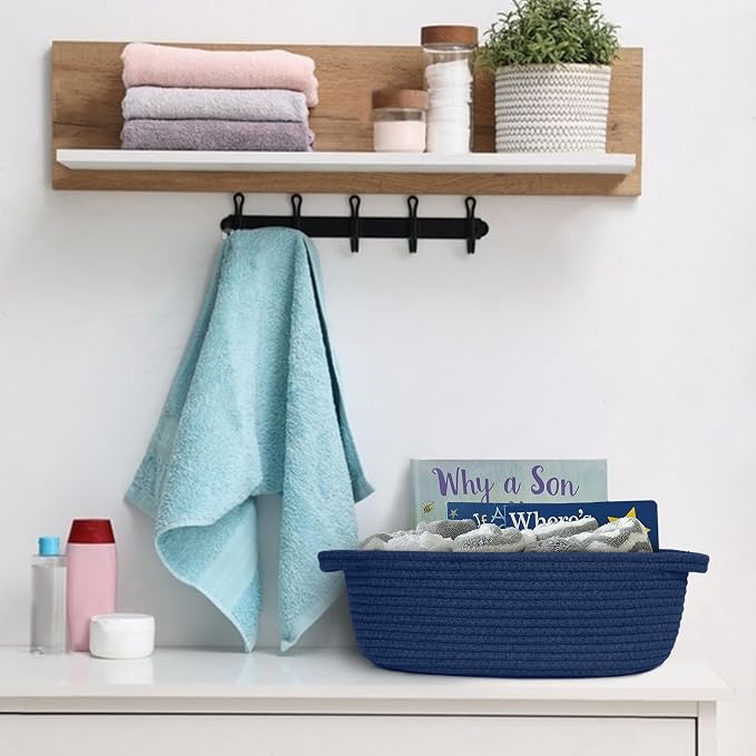 MEGASKET Dark Blue Small Woven Basket, 13” x 9” x 5” Baskets for Gifts Empty, Cotton Rope Gift Basket, Cute Nursery Baby Organizer, Cat Dog Toy Box, Oval Wicker Storage Bin with Handle