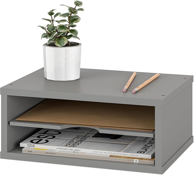 Ballucci File Organizer, 2-Tier Document Paper Sorter, Stackable Wood Desk Organizer Mail Holder, Monitor Stand with Storage Shelves, Gray