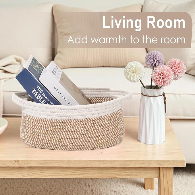 JMvicyroam Small Woven Basket, Empty Gift Basket, White&Brown Block/1 Pack | Small Gift Basket, Cotton Rope, 12 x 8 x 84 in, Handles, Includes Ribbon and Bag, Birthday Gift Basket