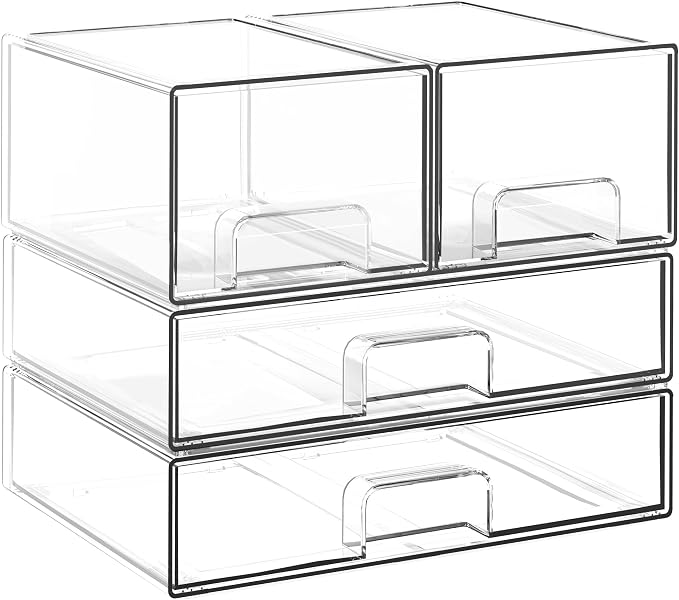 Stackable Storage Drawers, 4 Pack Clear Acrylic Makeup & Bathroom Organizer, Versatile Storage Bins for Vanity, Under Sink, Kitchen Cabinets & Pantry (4 Pack)