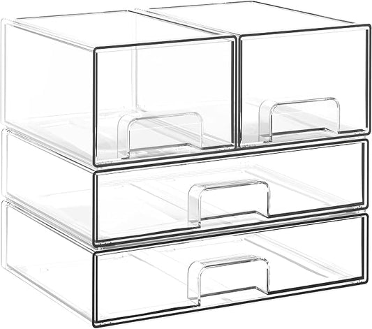 Stackable Storage Drawers, 4 Pack Clear Acrylic Makeup & Bathroom Organizer, Versatile Storage Bins for Vanity, Under Sink, Kitchen Cabinets & Pantry (4 Pack)