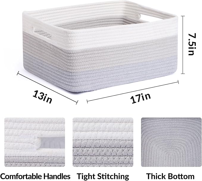 MiniArk Large Storage Baskets for Shelves, 17 x 13 x 7.5” Closet Organizers Bins for Clothes Blanket Towels, Baby Nursery, Toy Baskets Box, Woven Rope Baskets, 2 Packs Gradient Grey