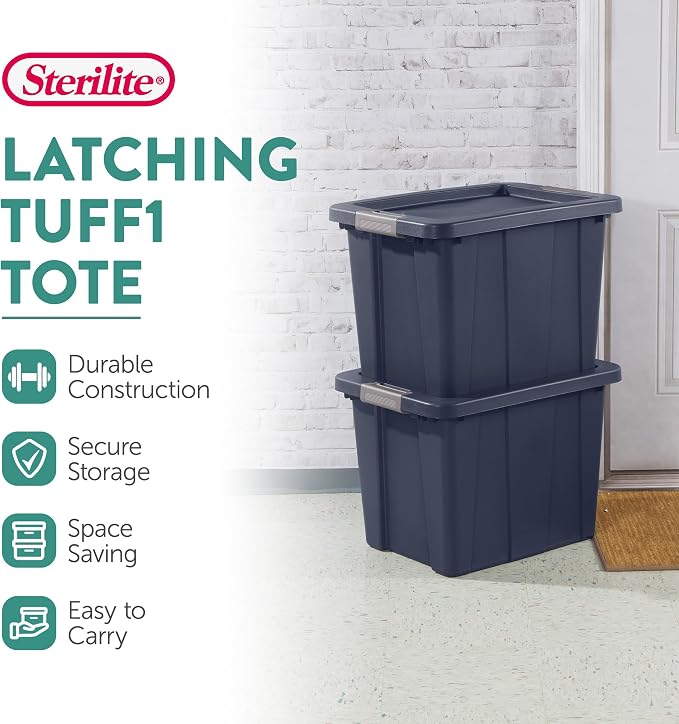 Sterilite 6-Pack Latching Tuff1 Tote, Plastic Storage Bins w/Lids, 18 Gallon, Dark Indigo - Large Stackable Organizer Boxes and Containers for Bed, Closet, Craft, and Classroom Organization