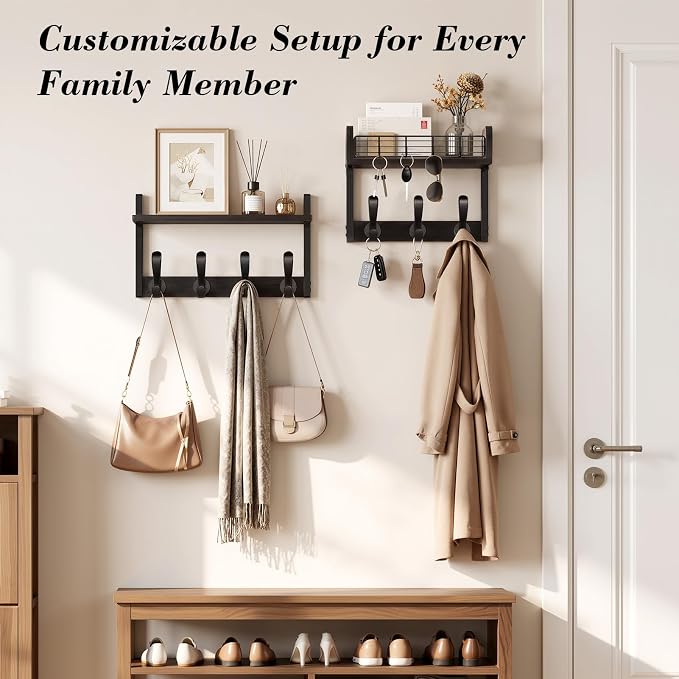 Delamu 29" Wall Mounted Coat Rack with Shelf, 4 in 1 Wall Shelf with 11 Hooks, Entryway Coat Hanger Wall Mount for Living Room and Bedroom, Black