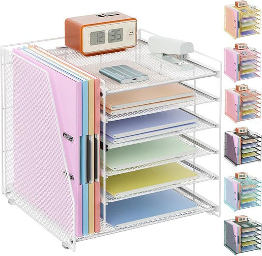 gianotter 6-Tier Paper Organizer With Magazine Holder, Desk Organizers and Accessories, Desk Accessories & Workspace Organizers, File Organizer for Office Supplies Storag (White, 6-Tier)