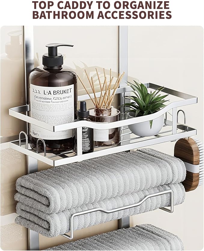 Aetyord Hanging Towel Racks for Bathroom Storage | 8-Tier Over The Door Bath Towel Storage Organizer with Metal Shelf Basket for Small Bathrooms RV Camper Silver
