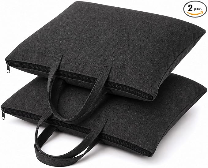 2 Pack Travel Pillow and Blanket Bags, 100% Cotton Canvas Pillow Storage Bag with Handles, Heavy Duty Breathable Organizer for Bedding Linens, Pillow Bag for Traveling(2,Black,20"x26")