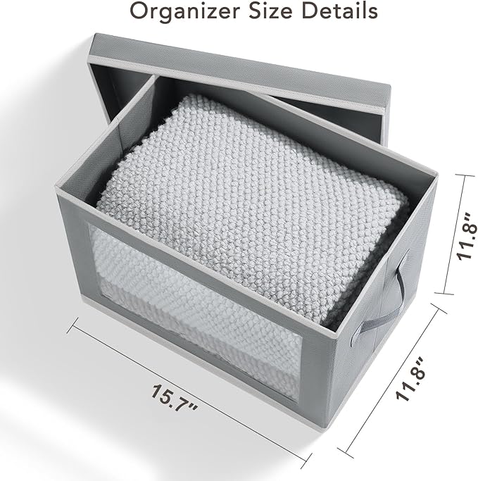 Storage Boxes with Lids - 4 Pack Fabric Clear Window Storage Bins, Large Decorative Storage Bins with Handles, Linen Closet Organizer for Clothes, Towel, Blanket, Light Grey