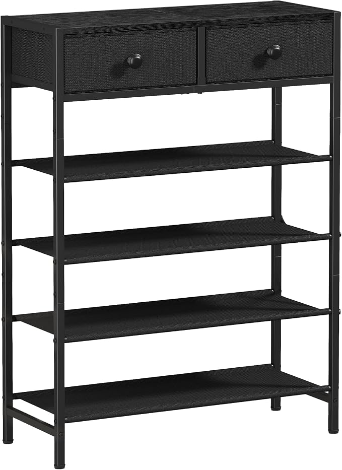 5 Tier Shoe Rack with Drawers, Metal & Wood Shelf Black | Holds 16-20 pairs. Fabric shelves prevent dust. Drawers for small items. 20-min assembly with clear guide.