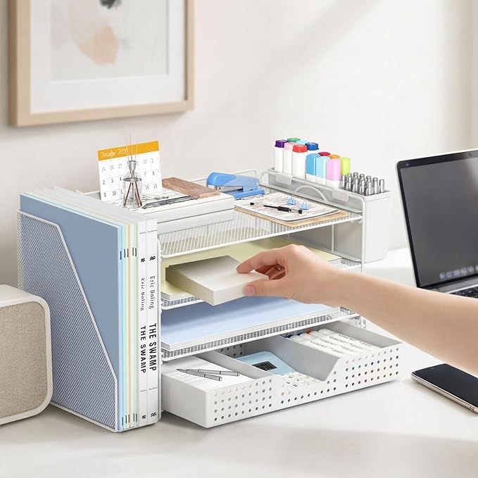 ECOLOVI Desk Organizer, 4-Tier Paper Organizer Letter Tray with File Holder, Drawer and 2 Pen Holders, Desktop File Organizer for Office Supplies, Workspace Storage, White