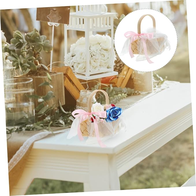 Zerodeko Woven Rattan Basket for Fruits and Flowers Decorative Storage Basket with Natural Touch for Home Wedding and Picnic Decor Includes Tulle Ribbon