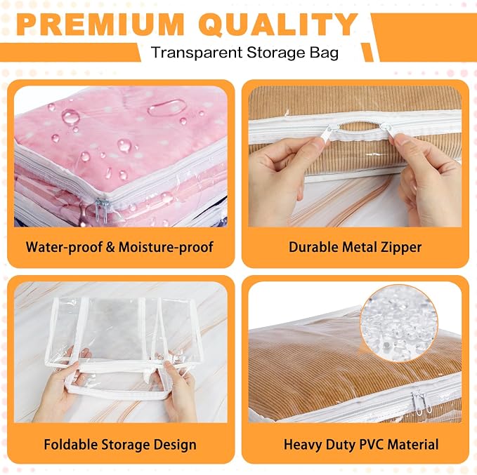 Clear Zippered Plastic Clothes Storage Bags, 6 Pack, White | Clear Storage Bags with Zipper Plastic Storage Bags for Clothes Sweaters Blankets Sheets, Size: 12 x 12 x 4 Inch